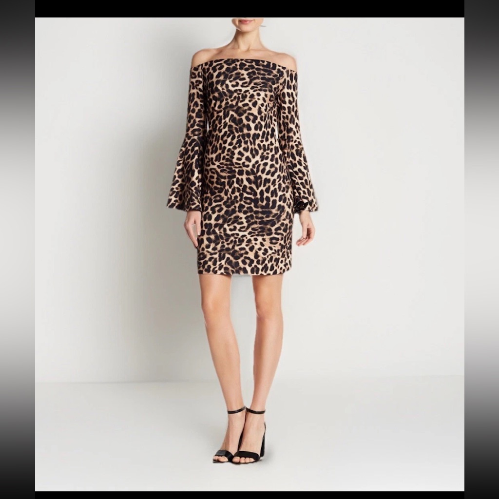 Vince Camuto Womens Off-Shoulder Bell Sleeve Leopard Print Dress Xs Nwot